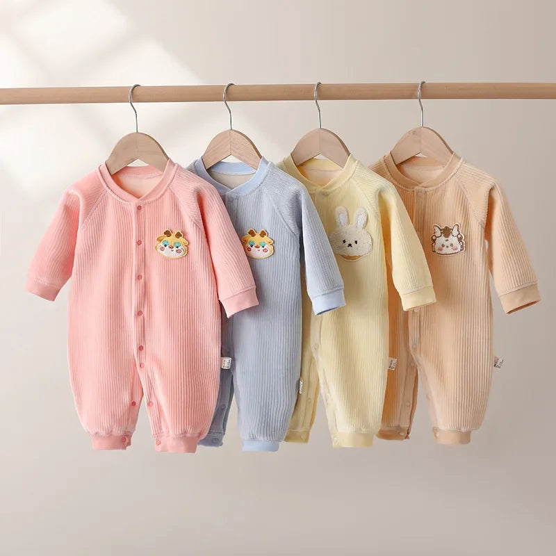 Winter Baby Jumpsuit Long Sleeves and Long Pants Warm Double-faced Fleece Cartoon Design for Boys Girls Bodysuit