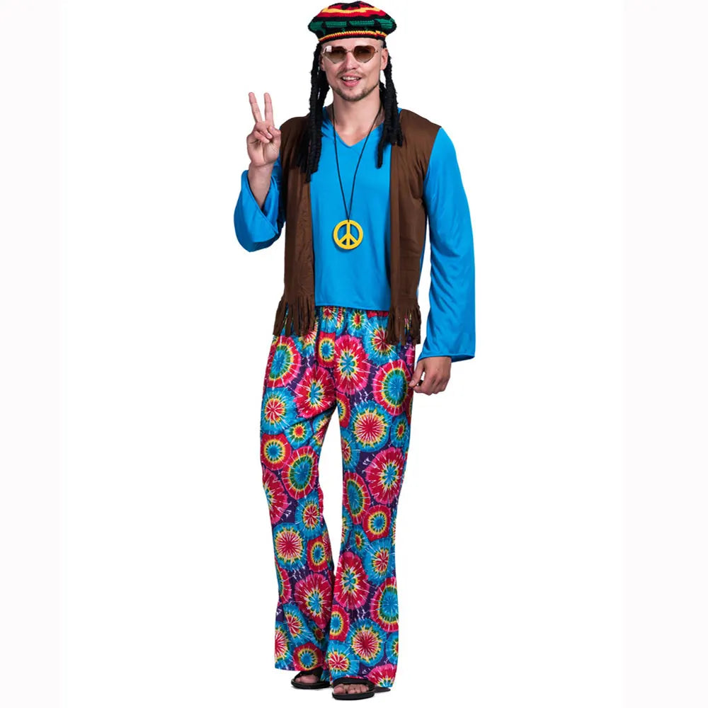 Halloween Hippie Costume Men 60s 70s Hippie Set Pants Shirt Fringe Vest Glass Frame Necklace Rasta Hat Dreadlocks