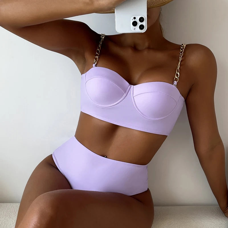 Chain Strap Bikinis 2026 Women Solid Push Up Swimsuit High Waist Swimwear Female Sexy Bathing Suit Swimming Summer Beachwear