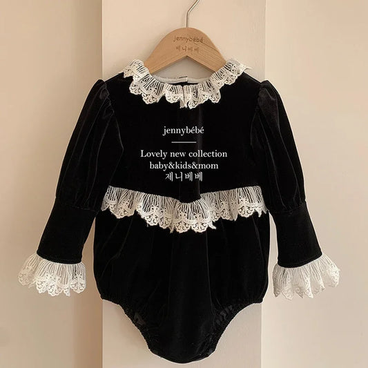 Newborn Baby Girls Lace Rompers Velvet Long Sleeve Infant One-Pieces Baby Bodysuit for Toddler Clothing Children Outfits 0-24m