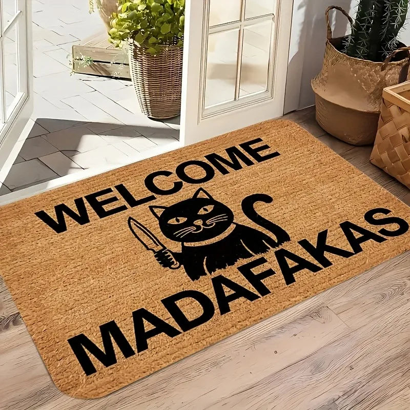Welcome Madafakas Cat Doormat – Funny Meme-Themed Floor Mat with Angry Cat & Knife Graphic, Humorous Entryway Decor Carpet