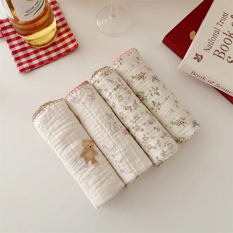 4Pcs Printing Towel Baby Face cloth Bath Towel Handkerchief Cotton Burp Cloth Soft Absorbent Gauze Kindergarten Washcloth 30cm