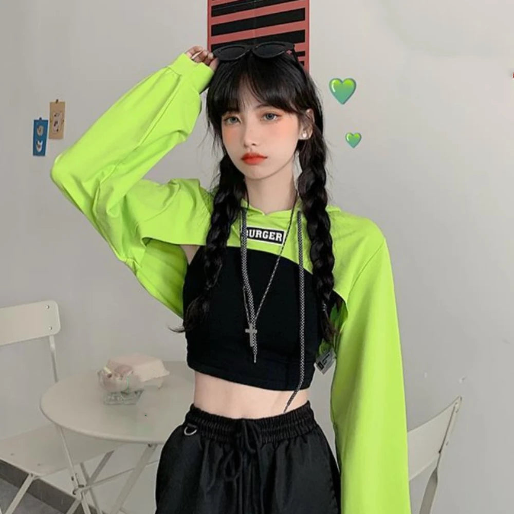 All Match Y2K Ultra Short Hoodie Loose Tees Shrug Pullover Streetwear Drawstring Women's T-shirt Summer