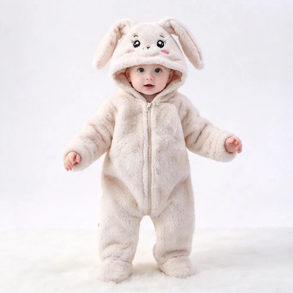 Baby Animal Onesie 0-12M Panda Bunny Bear Hooded Plush Romper Soft Warm Coral Fleece Jumpsuit Newborn Bodysuit Winter Costume