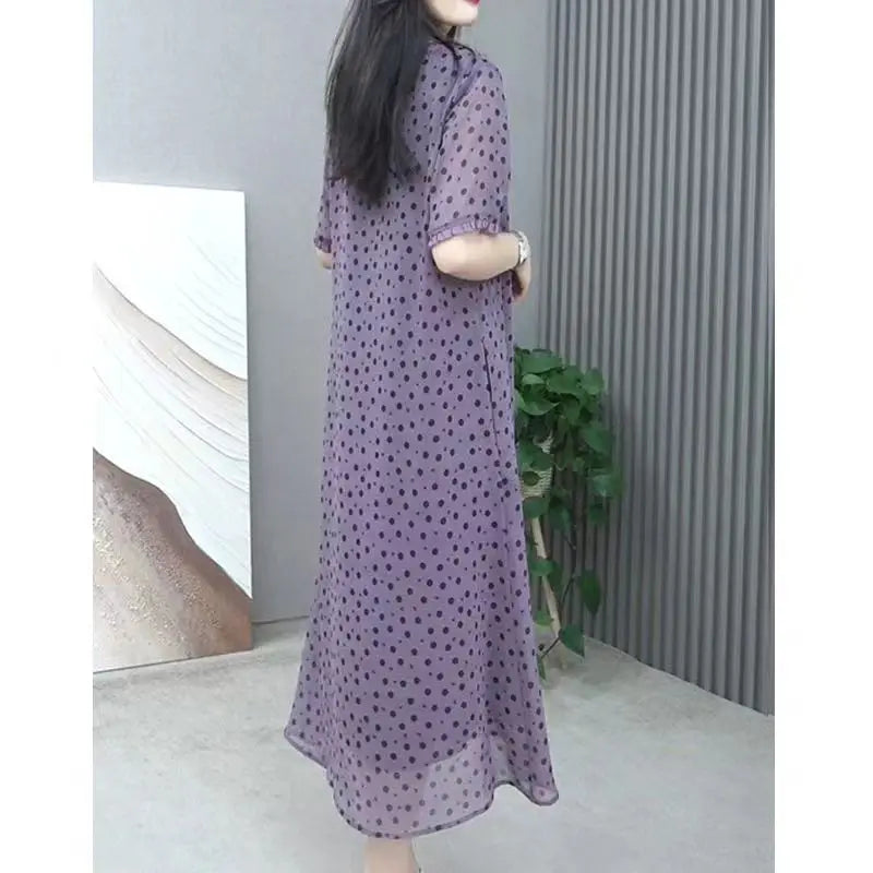 Elegant O-Neck Printed Polka Dot Chiffon Short Sleeve Dress Women's Clothing 2024 Summer New Loose Office Lady Midi Dress