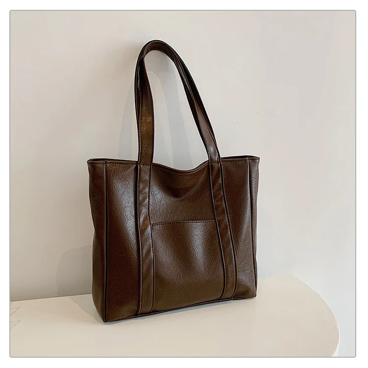 Simple Large Capacity Tote Bags for Women Retro Pu Leather Ladies Shoulder Bag Commuter Portable Girls Student Underarm Handbag