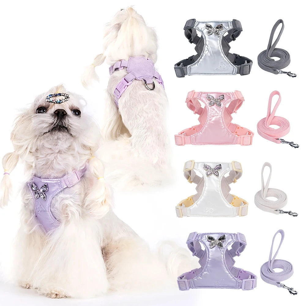 Luxury Dog Harness and Leash Set for Small Dogs, Elegant Mesh Vest Harness with Bow Tie, Perfect for Maltese Chihuahua Puppyl