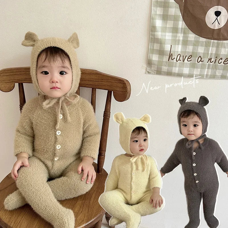 Newborn Baby Mink Fur Romper with Hood Cute Bear Animal Ear Footed Onesie Winter Warm Jumpsuit for 0-2 Years