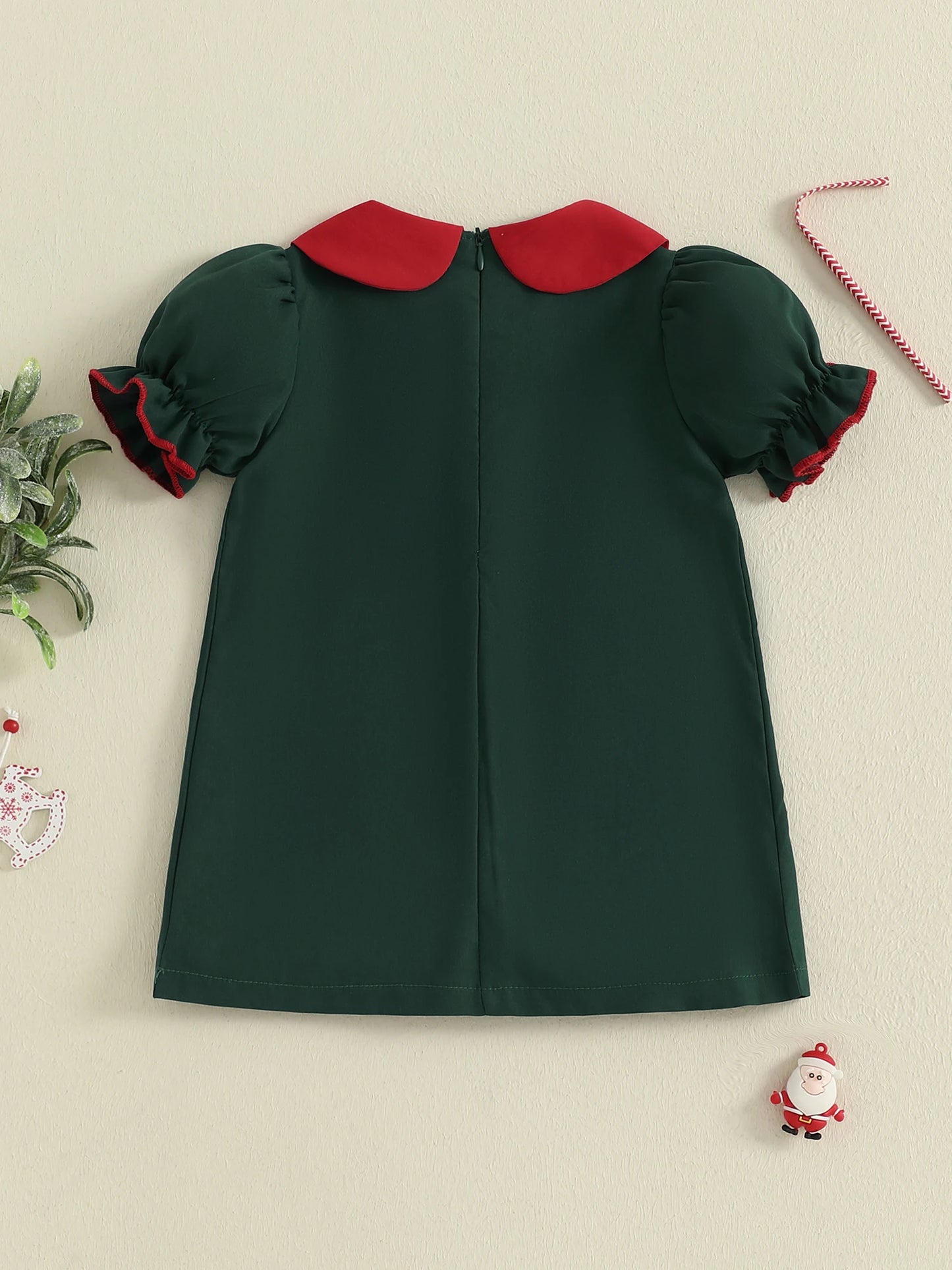 Tregren Toddler Girl Christmas A-Line Dress Reindeer Embroidered Doll Collar Short Sleeve A-line Dress New Year Festival Clothes