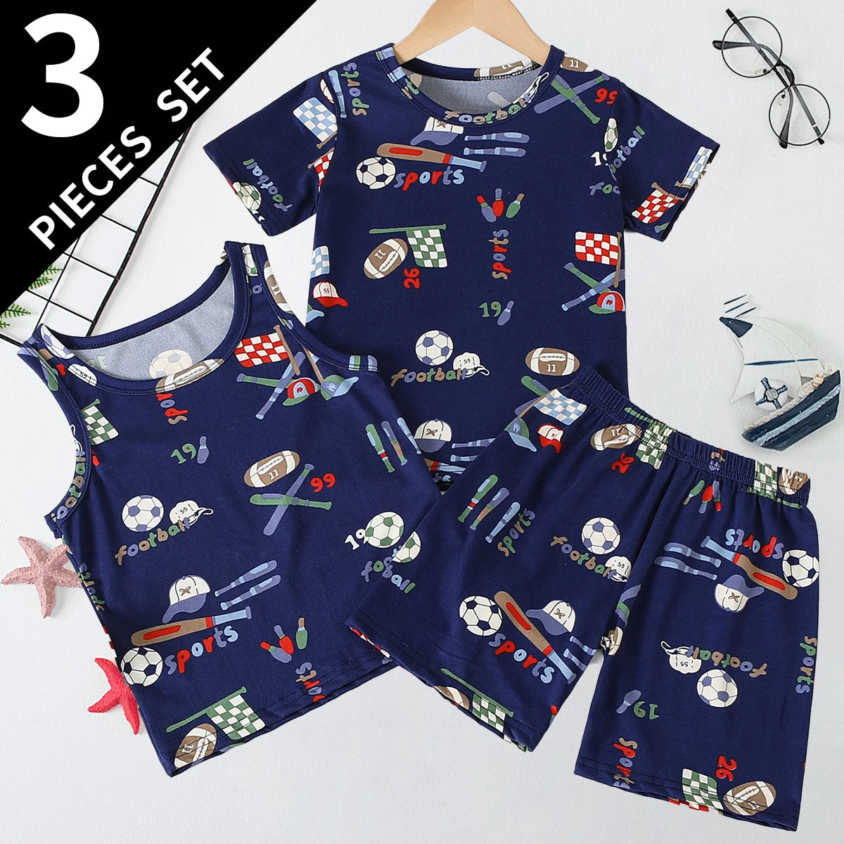 3-Piece Set of Children's Ball Printed Short-Sleeved Vest, Shorts, Pants Combination Set, Boys' Comfortable Pajamas Home Clothes