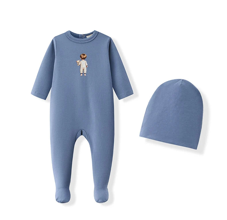 Ali Layette AW26 Baby Footed Romper Matching Hat Girl Boy Cotton Pajama Sets