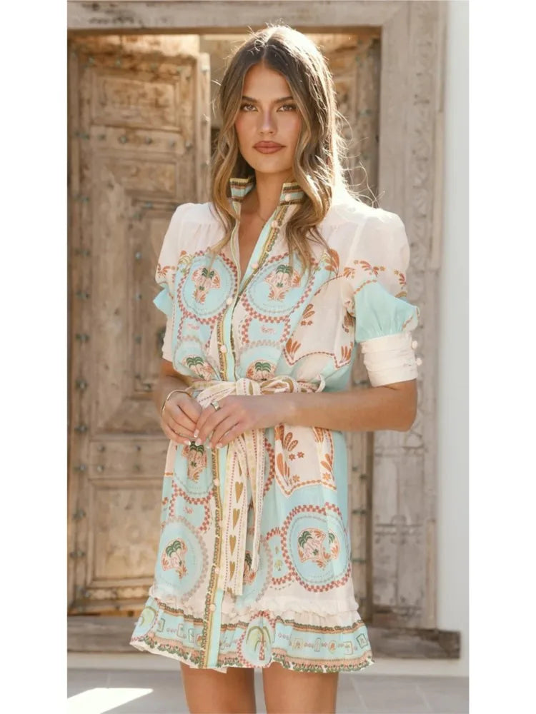 Summer Cover Ups Women Swimsuit Half Sleeve Robes Bathing Suit 2026 New Flower Print Beach Holiday Mini Dresses Cover-Up