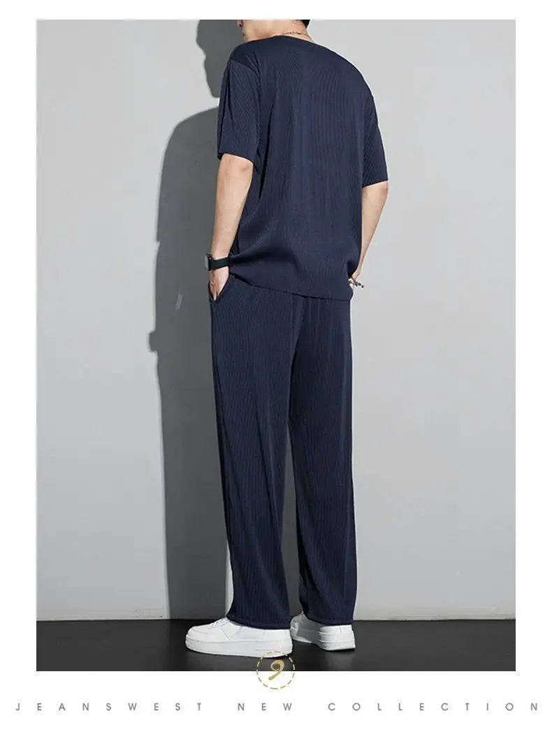 New Ice Silk Sports Set Men's Summer Thin Tracksuit Men 2024 Casual Long Pants Short Sleeve T-shirt Quick Drying Clothes Sets