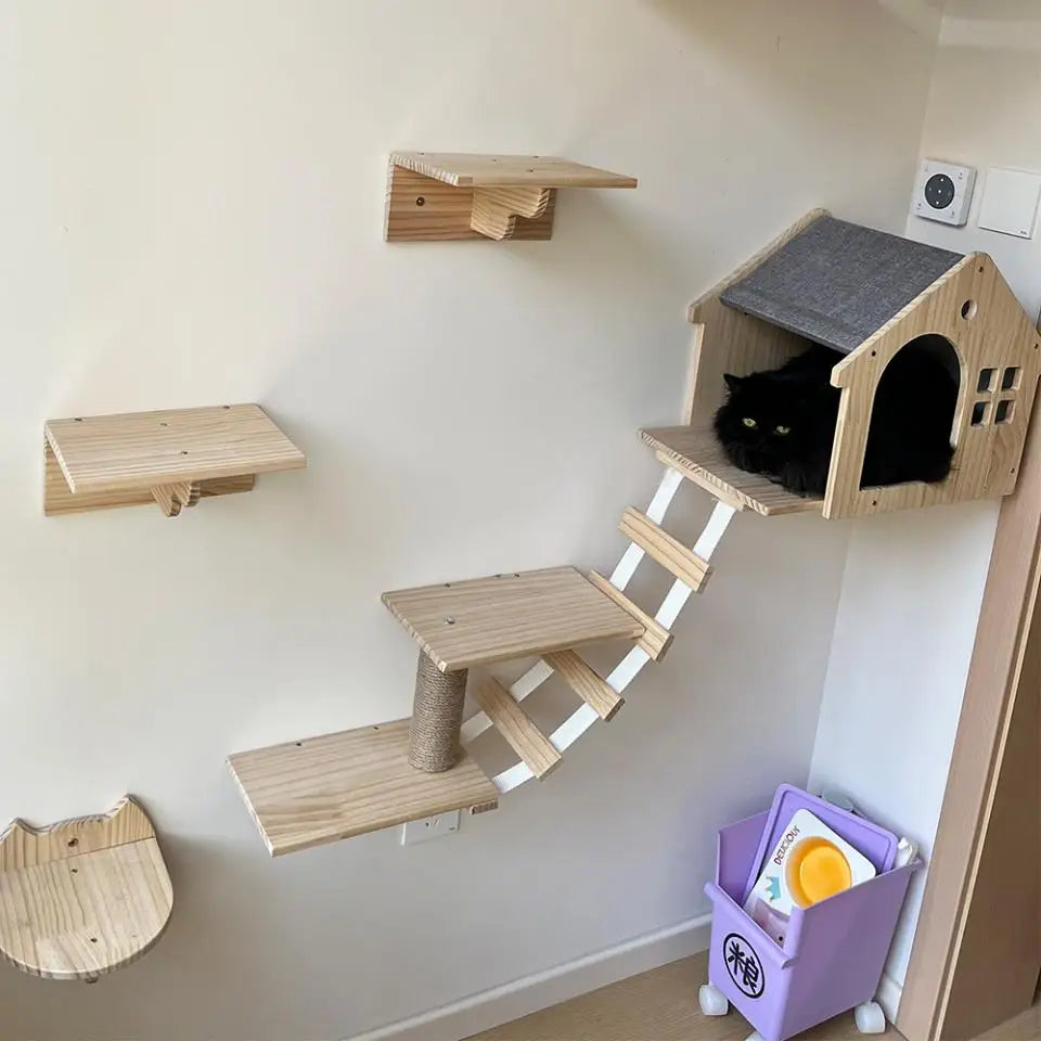 Cat Climbing Shelves Wall Mounted Cat Tree Sisal Scratching Post Cats Hammock House Jumping Platform Rope Ladder Pet Furniture