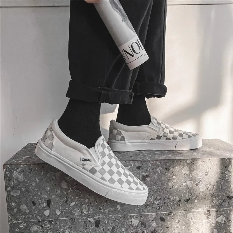 Black White Plaid Canva Women's Shoes Student Vintage Hong Kong Style Versatile Flat Shoes Korean Version Harajuku Casual