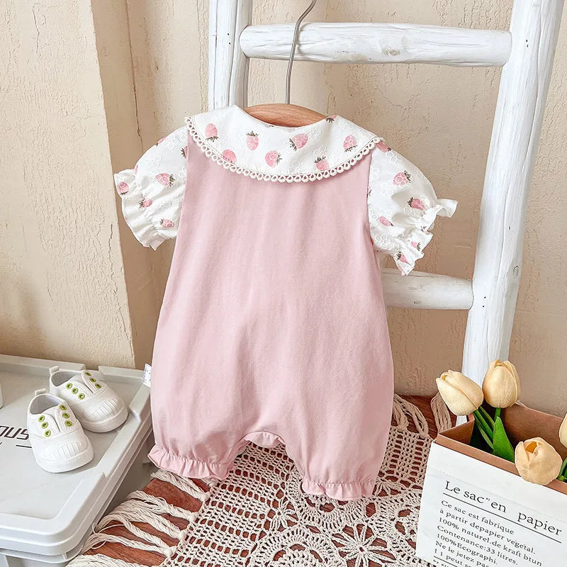 Summer Baby Girls Thin Rompers Lace Peter Pan Collar Puff Sleeve Cute Strawberry Print Jumpsuit Newborn Birthday Clothes E24256