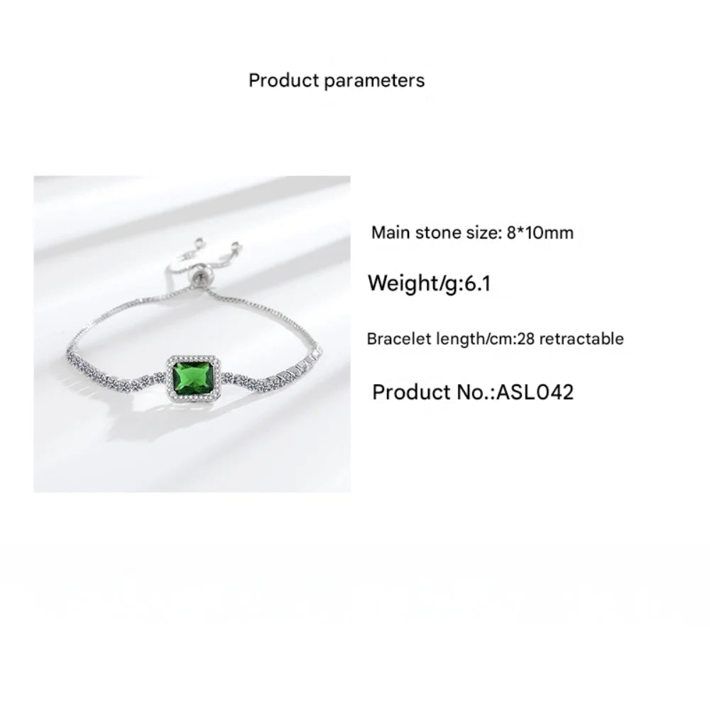 925 Sterling Silver Bracelet, Square Imperial Green Zircon Adjustable Size, Luxury Elegant Jewelry Bracelet For Men And Women