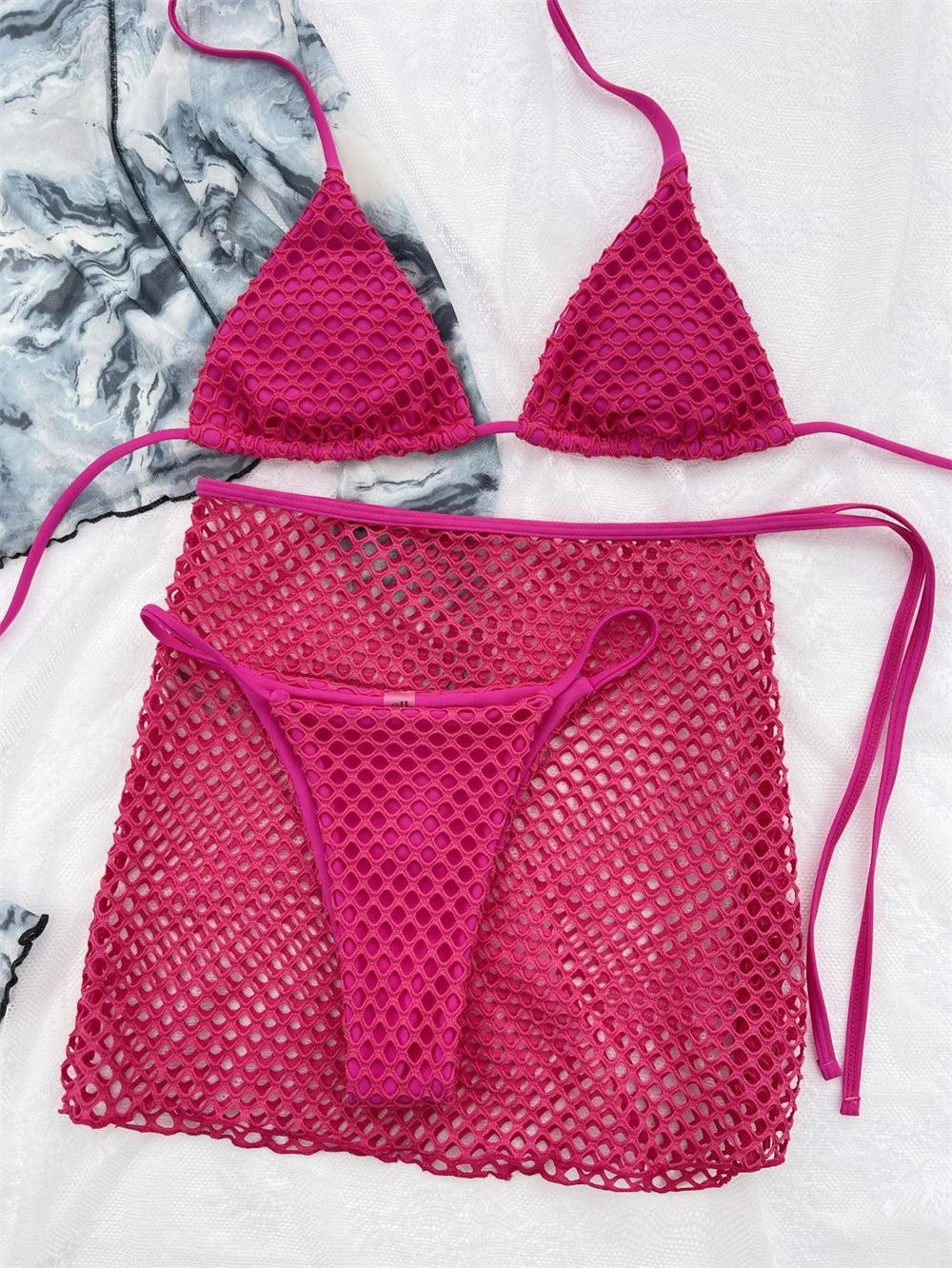Sexy Mesh Bikini Thong Hollow Out Y2K Swimsuit Women Backless Cover Up Halter Swimwear 3 Piece Beach Outfit Bikinis Bathing Suit
