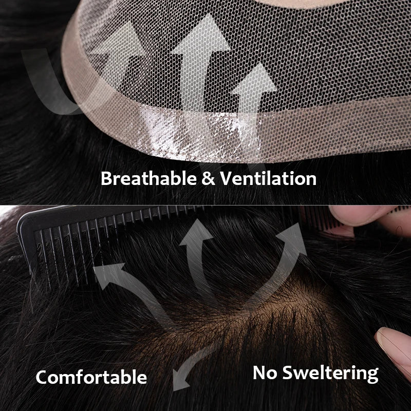 Men Toupee Lace NPU Human Hair Wig Indian Human Hair System Male Hairpiece Natural Wave Hair Pre-Plucked Hairline With Grey Hair