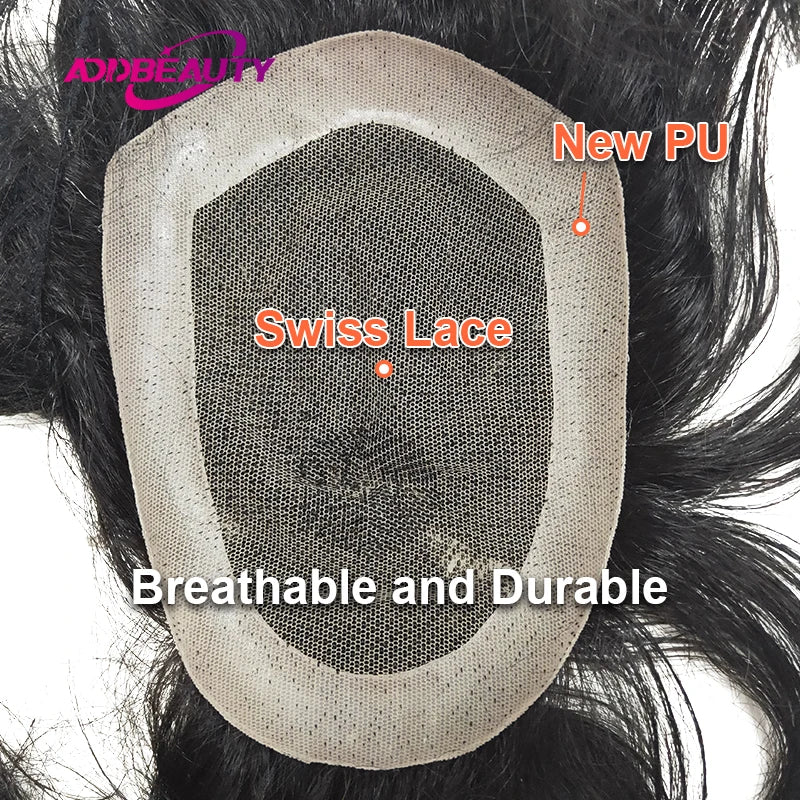 Men Toupee Lace NPU Human Hair Wig Indian Human Hair System Male Hairpiece Natural Wave Hair Pre-Plucked Hairline With Grey Hair