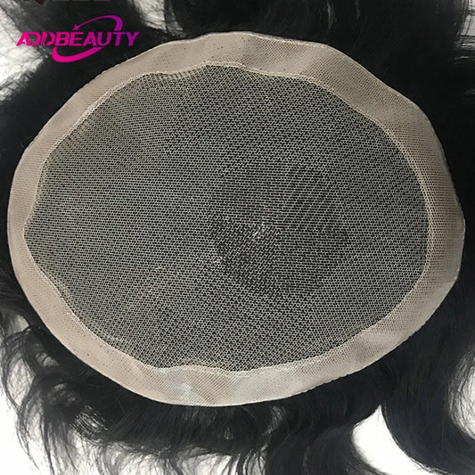 Men Toupee Lace NPU Human Hair Wig Indian Human Hair System Male Hairpiece Natural Wave Hair Pre-Plucked Hairline With Grey Hair