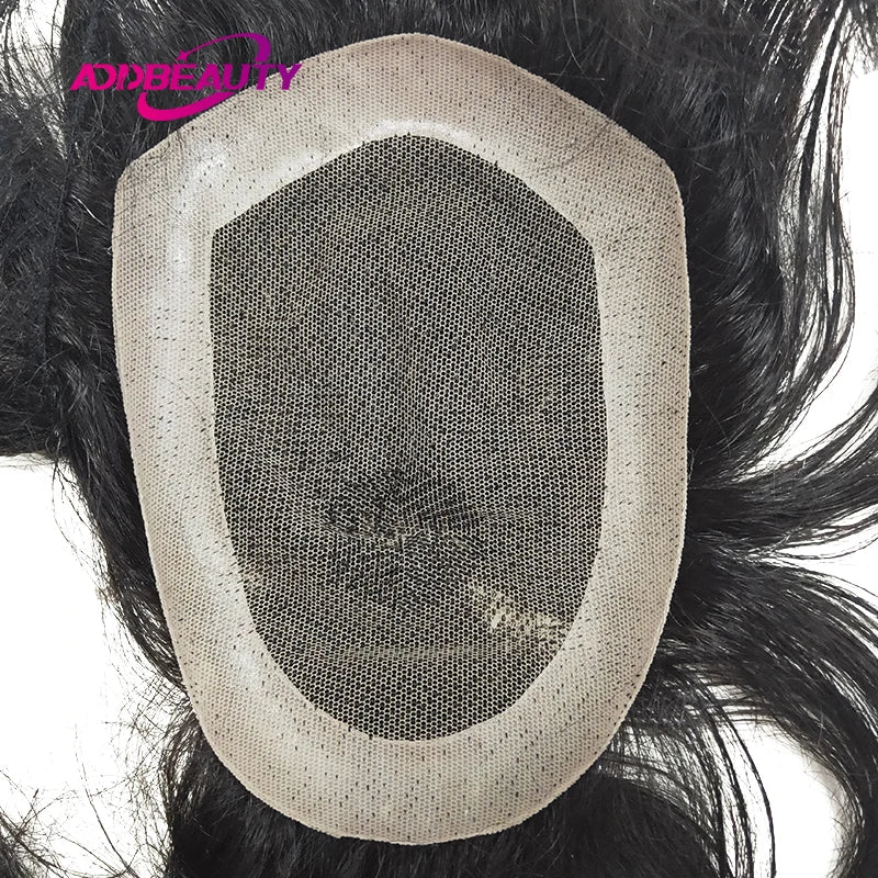 Men Toupee Lace NPU Human Hair Wig Indian Human Hair System Male Hairpiece Natural Wave Hair Pre-Plucked Hairline With Grey Hair